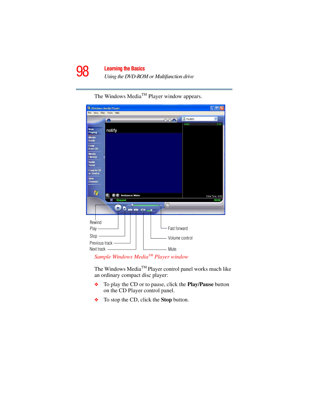 Toshiba A45 Series manual Windows MediaTM Player window appears, Sample Windows MediaTM Player window 