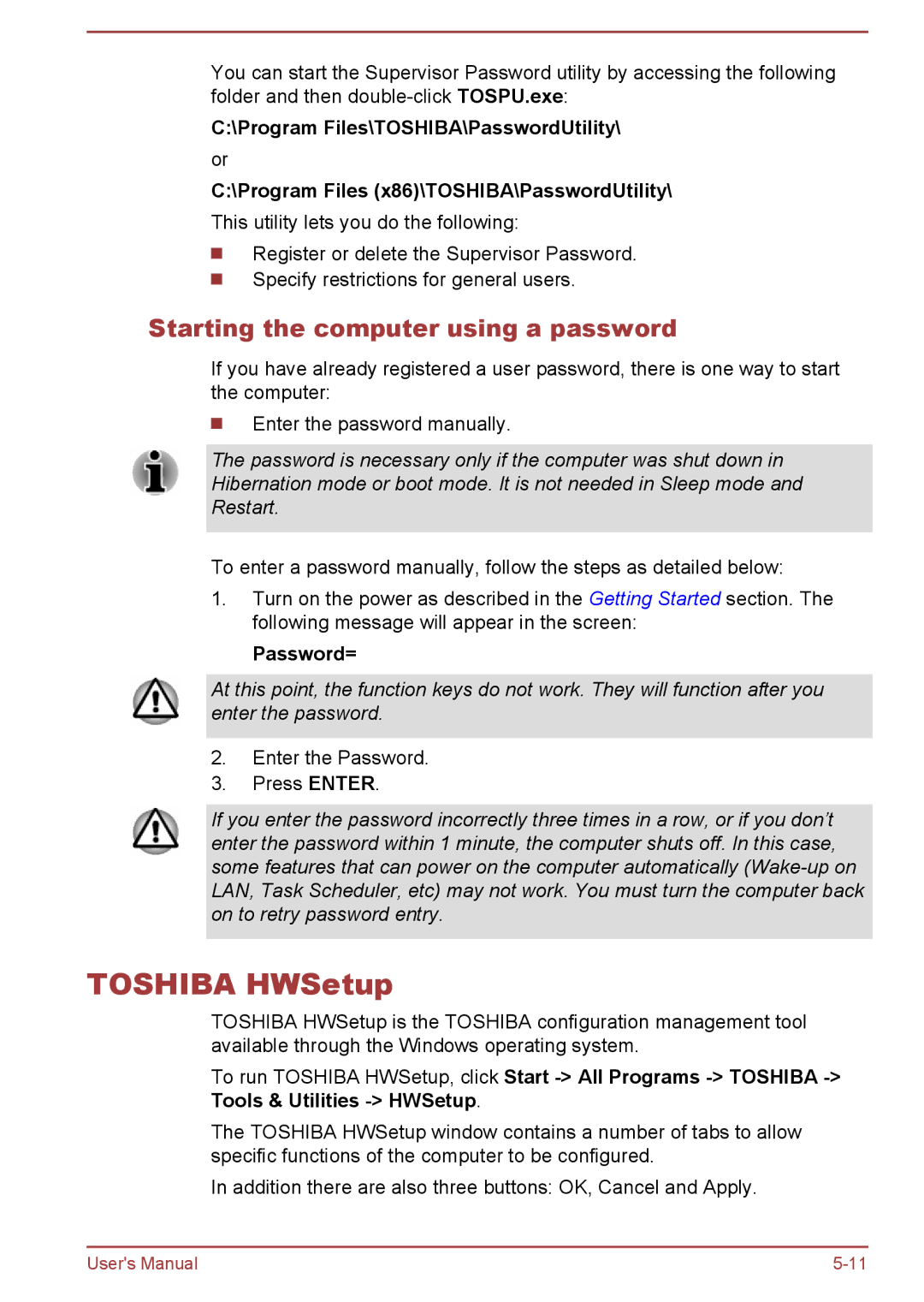 Toshiba A50-A manual Toshiba HWSetup, Starting the computer using a password, Password= 