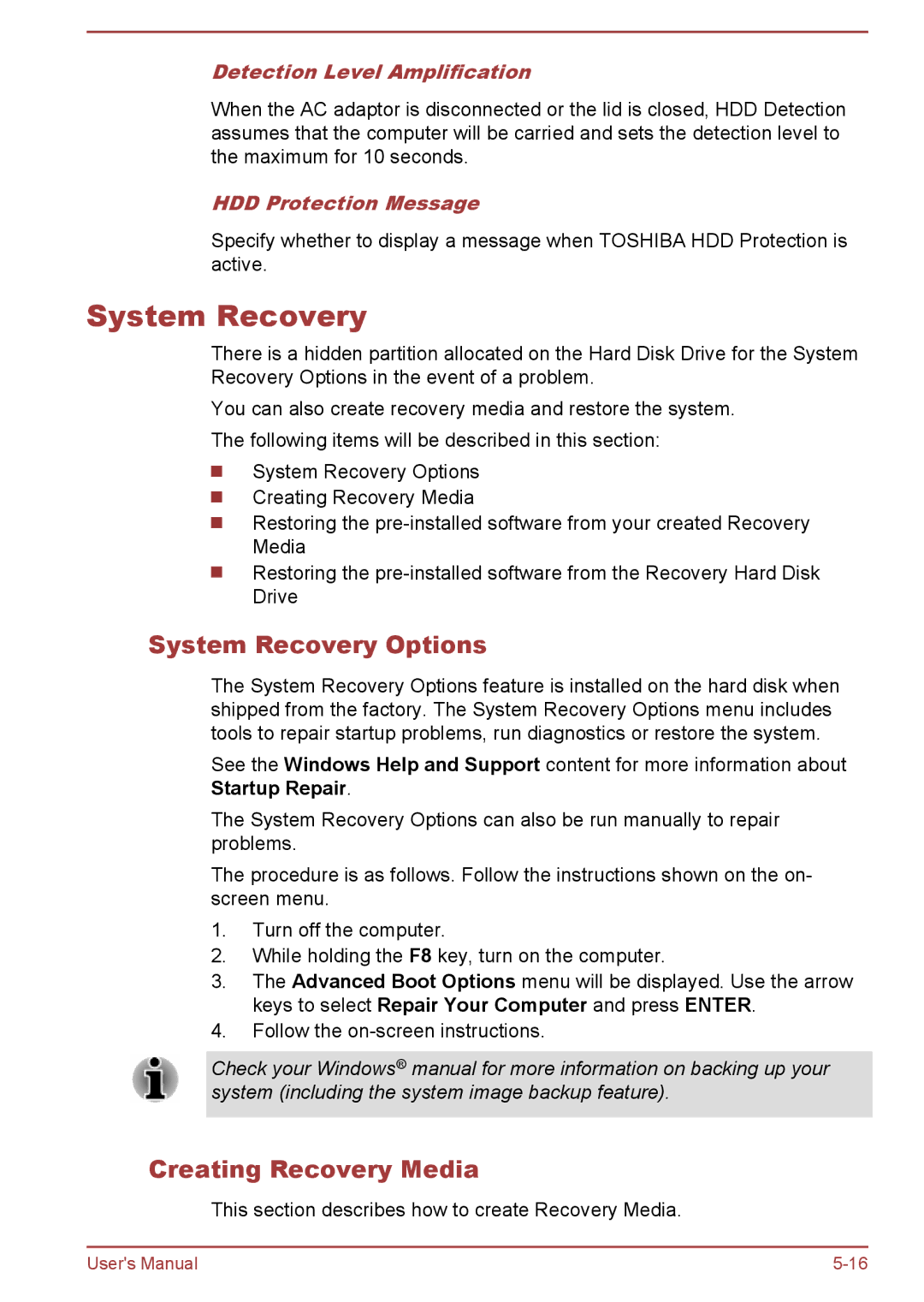 Toshiba A50-A System Recovery Options, Creating Recovery Media, Detection Level Amplification, HDD Protection Message 