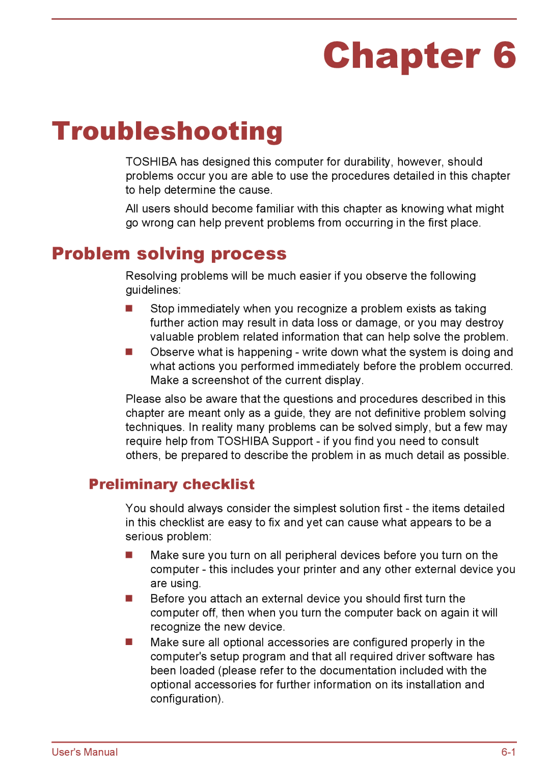 Toshiba A50-A manual Problem solving process, Preliminary checklist 