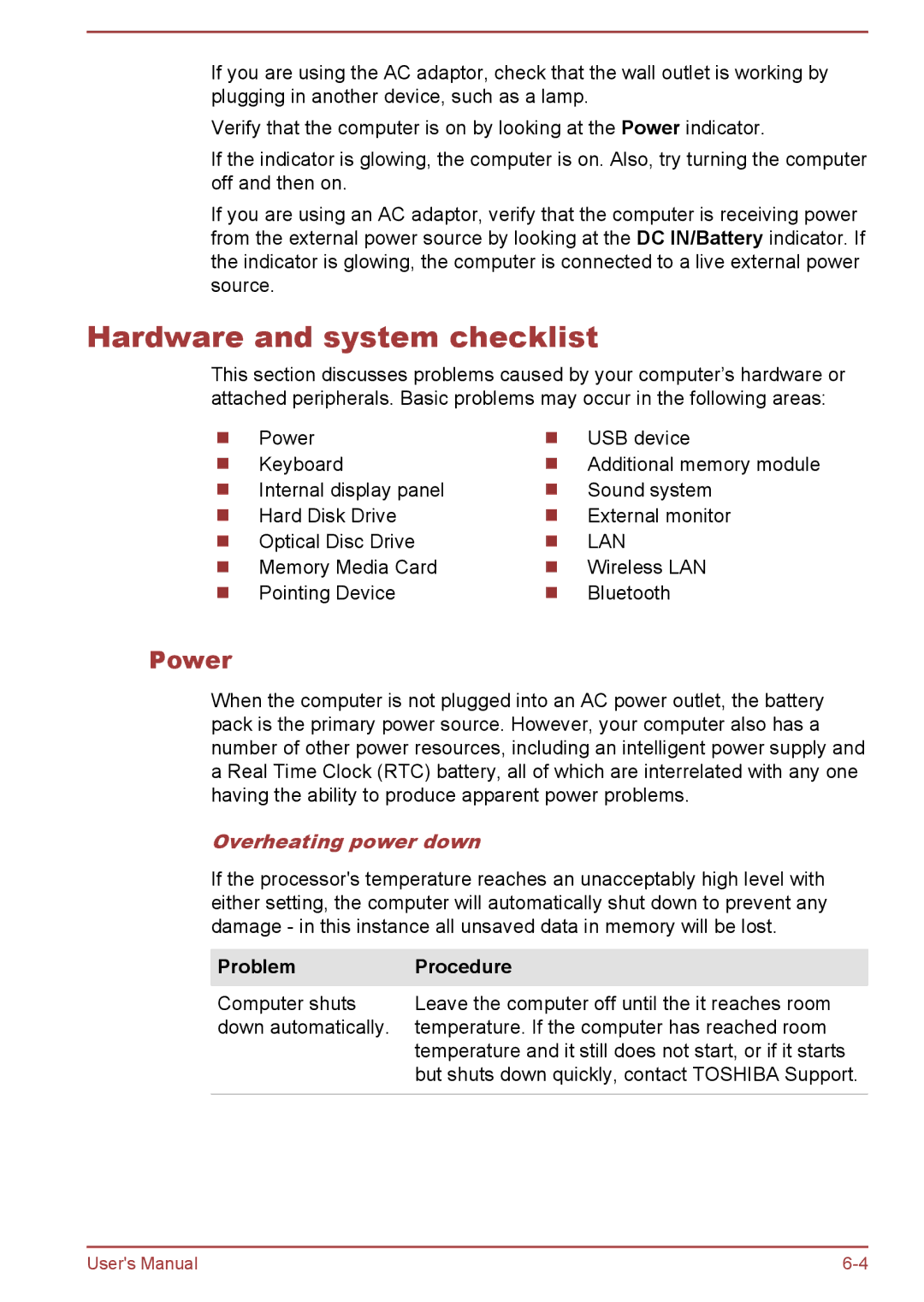 Toshiba A50-A manual Hardware and system checklist, Power, Overheating power down, Problem Procedure 