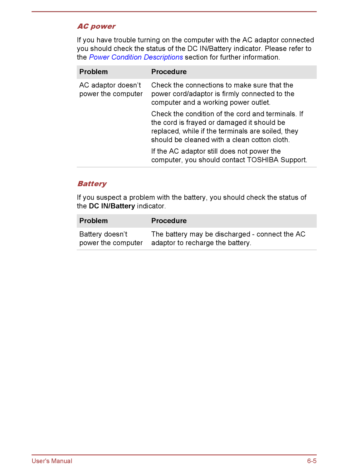 Toshiba A50-A manual AC power, Battery 