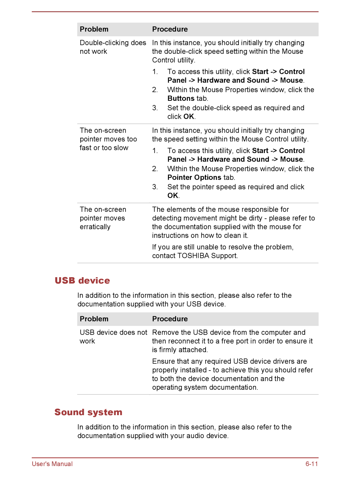 Toshiba A50-A manual USB device, Sound system 