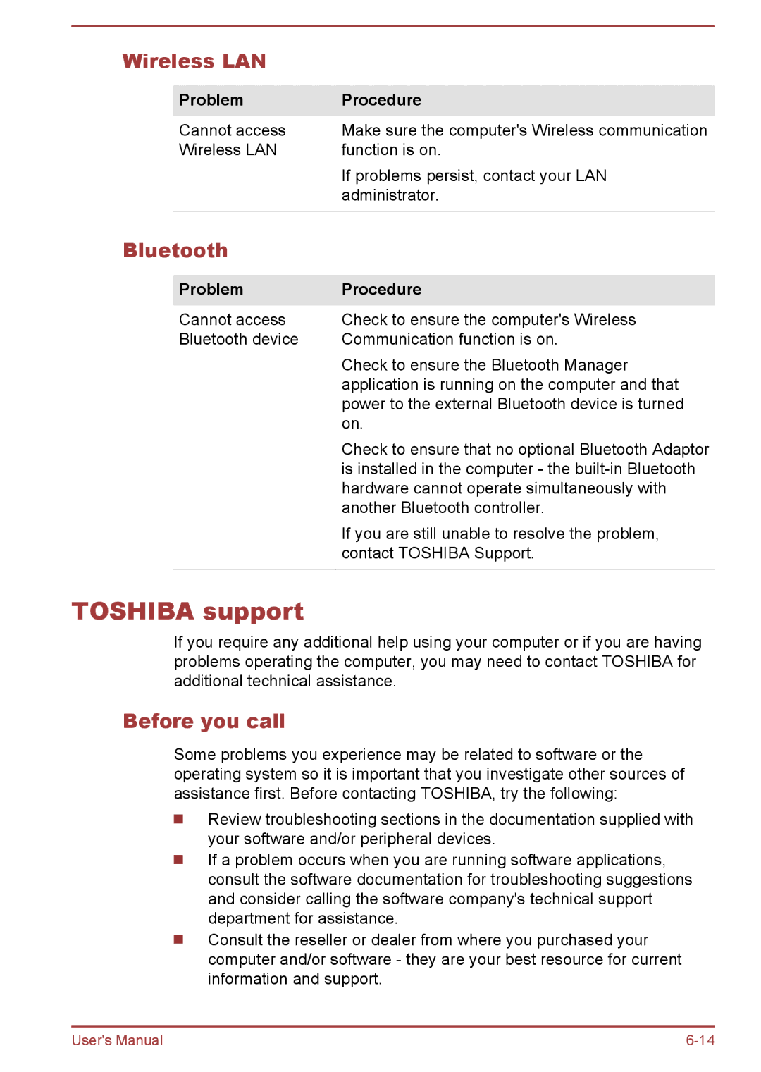 Toshiba A50-A manual Toshiba support, Wireless LAN, Bluetooth, Before you call 