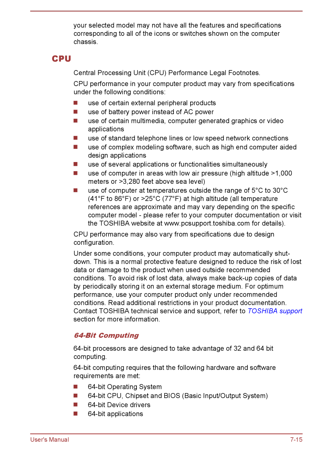 Toshiba A50-A manual Cpu, Bit Computing 