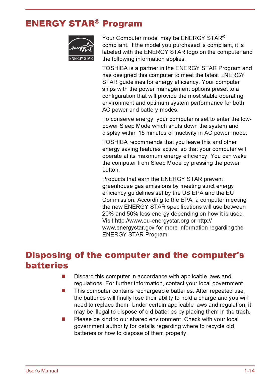 Toshiba A50-A manual Energy Star Program, Disposing of the computer and the computers batteries 