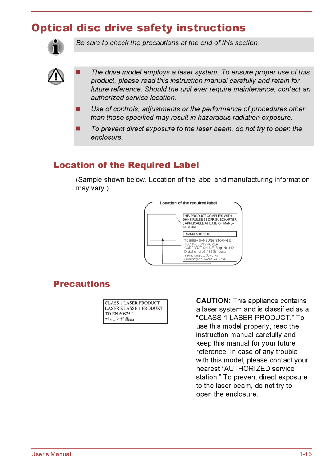 Toshiba A50-A manual Optical disc drive safety instructions, Location of the Required Label, Precautions 