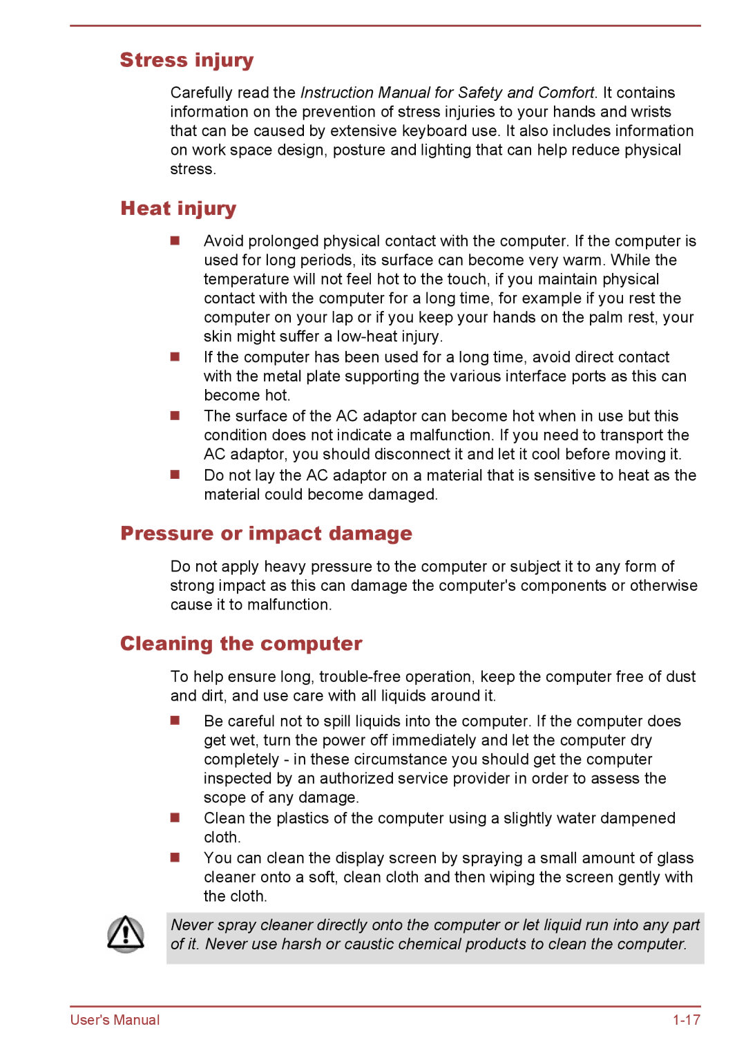 Toshiba A50-A manual Stress injury Heat injury, Pressure or impact damage, Cleaning the computer 