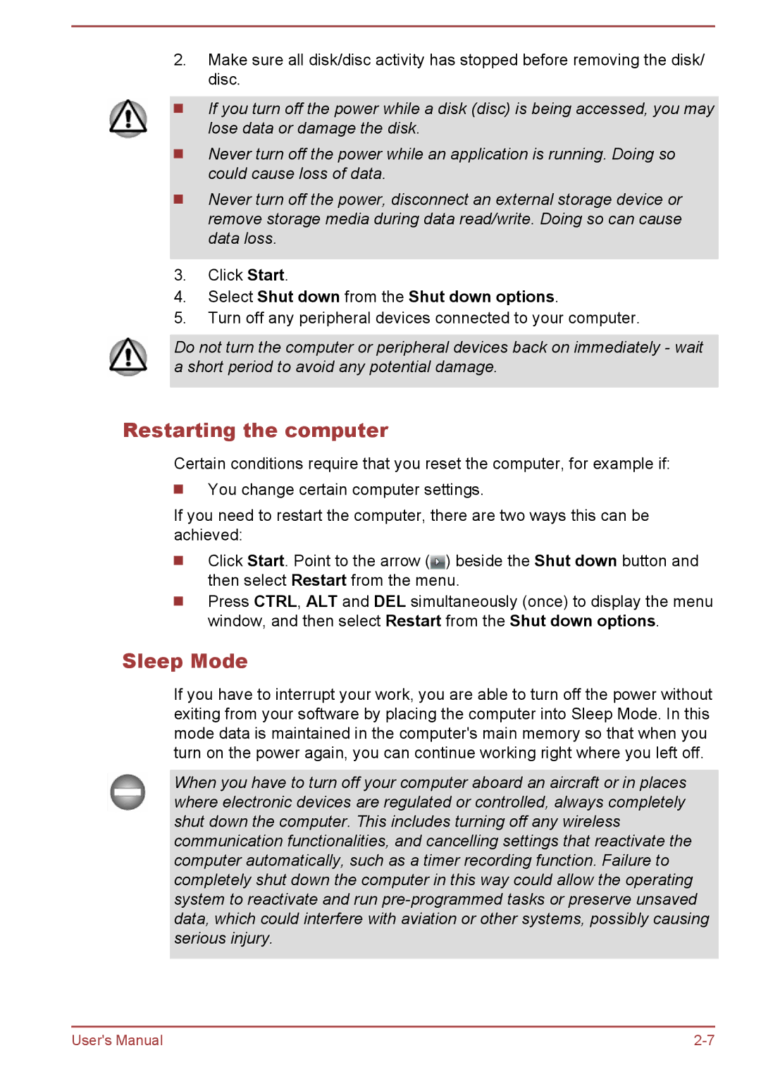 Toshiba A50-A manual Restarting the computer, Sleep Mode, Select Shut down from the Shut down options 