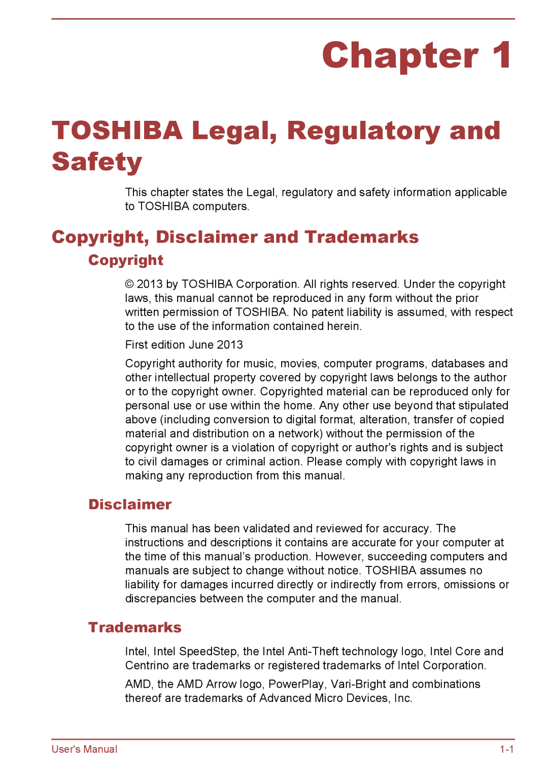 Toshiba A50-A manual Copyright, Disclaimer and Trademarks 