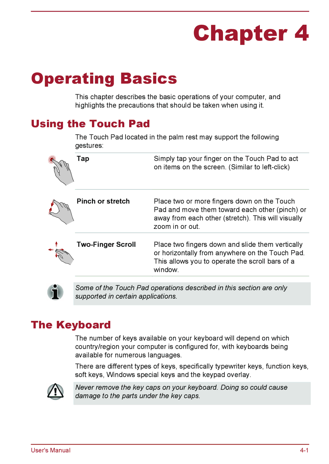 Toshiba A50-A manual Using the Touch Pad, Keyboard, Tap 