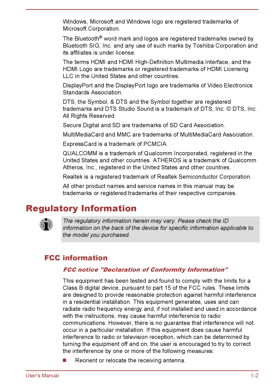 Toshiba A50-A manual Regulatory Information, FCC information, FCC notice Declaration of Conformity Information 