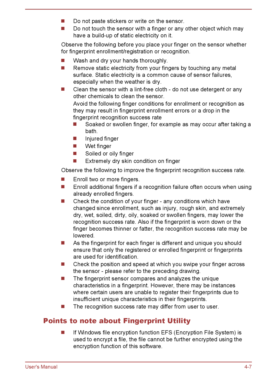 Toshiba A50-A manual Points to note about Fingerprint Utility 