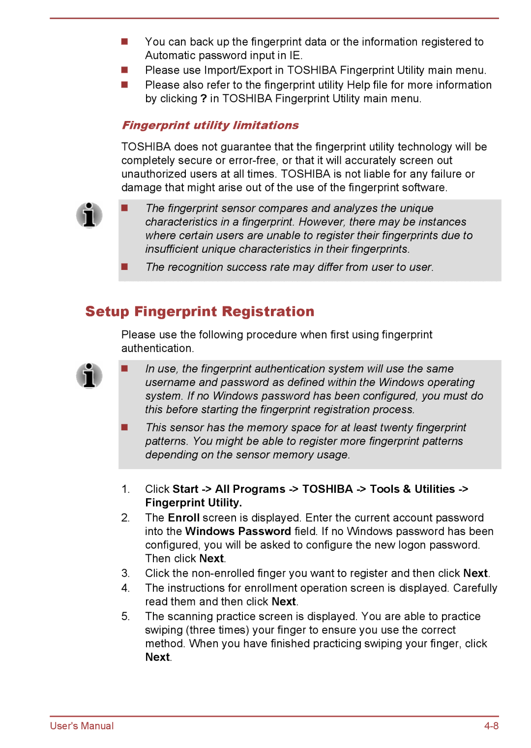 Toshiba A50-A manual Setup Fingerprint Registration, Fingerprint utility limitations 