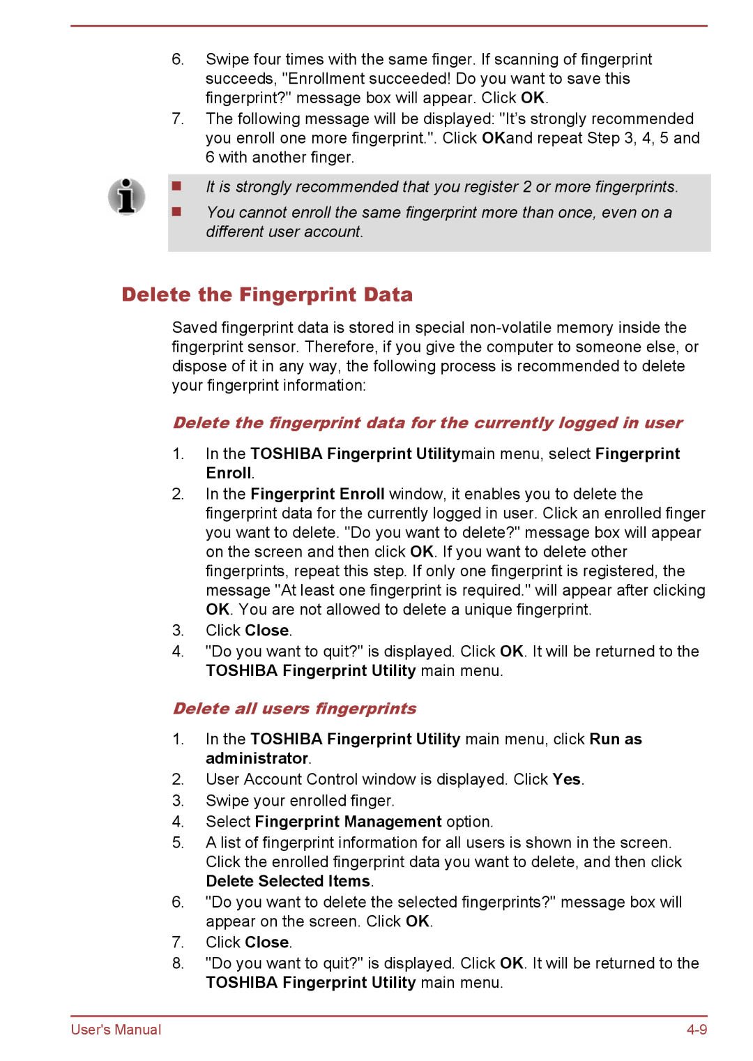 Toshiba A50-A manual Delete the Fingerprint Data, Delete all users fingerprints, Select Fingerprint Management option 