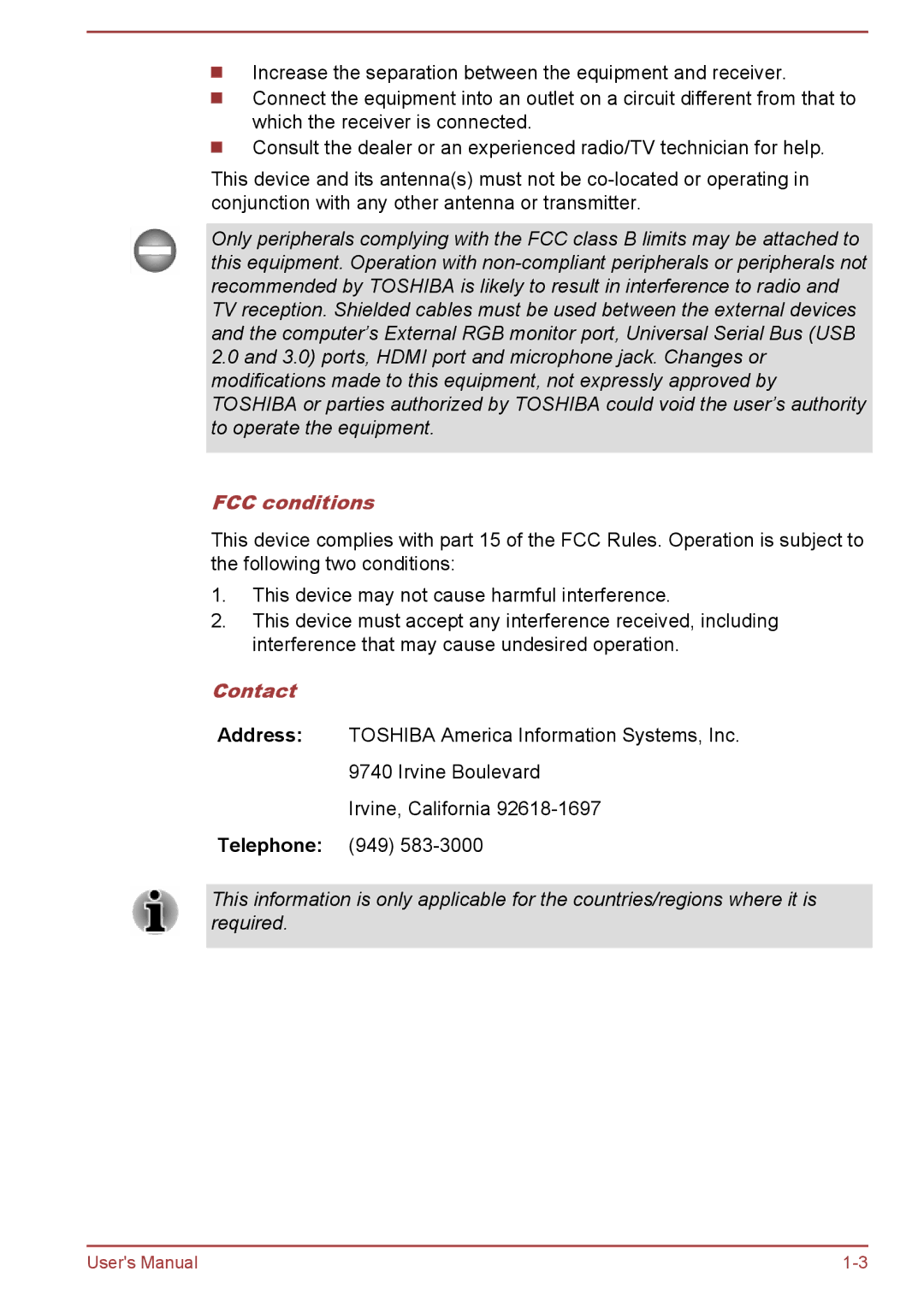 Toshiba A50-A manual FCC conditions, Contact 