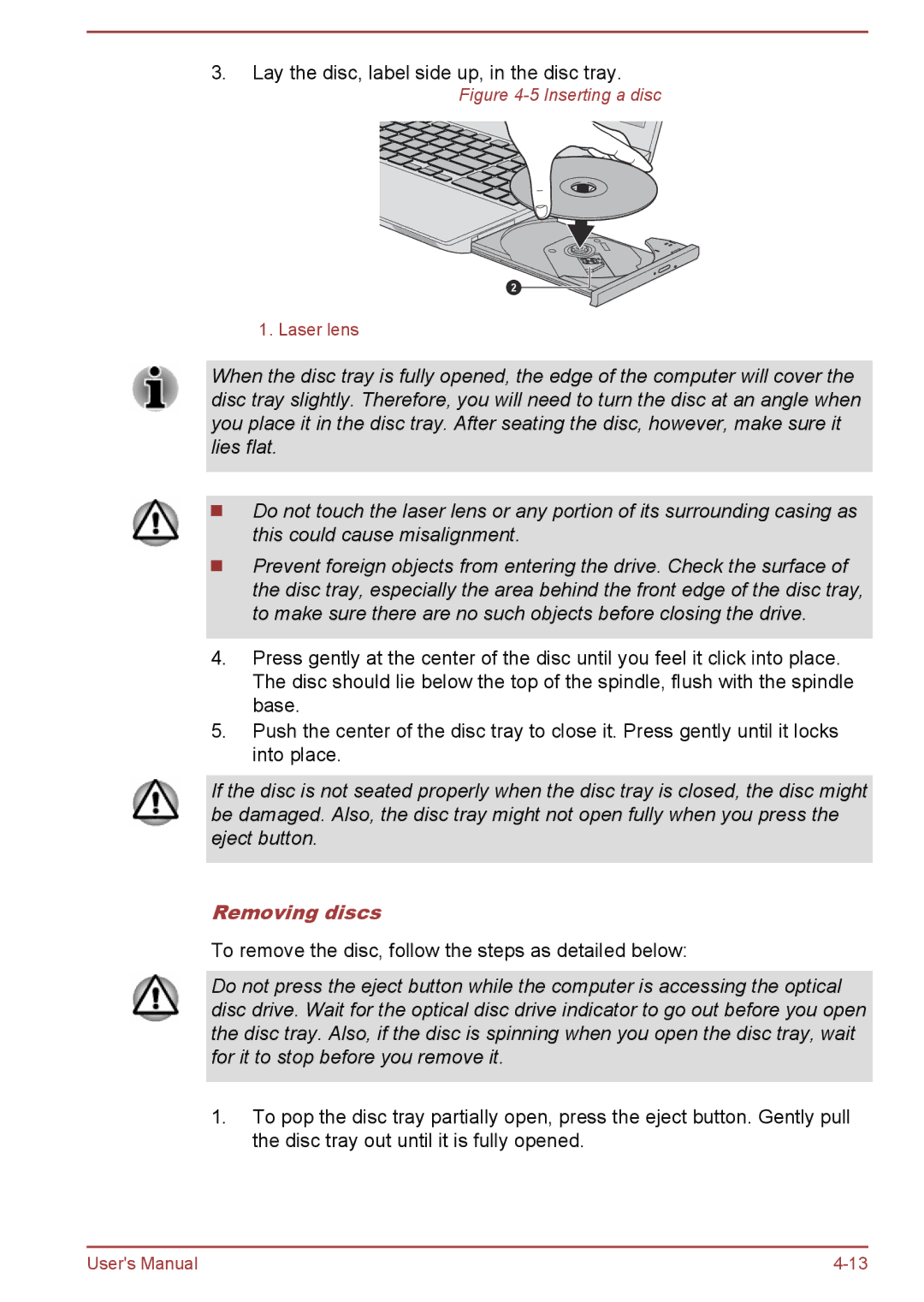 Toshiba A50-A manual Removing discs, Inserting a disc 