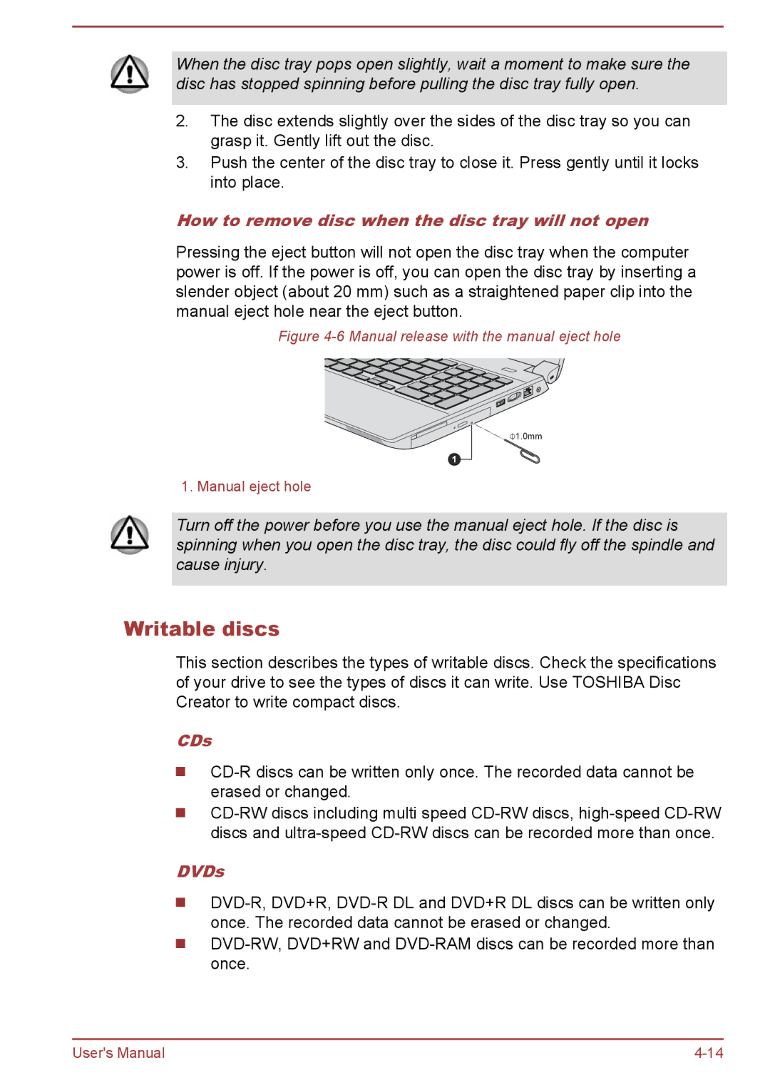 Toshiba A50-A manual Writable discs, How to remove disc when the disc tray will not open, CDs, DVDs 