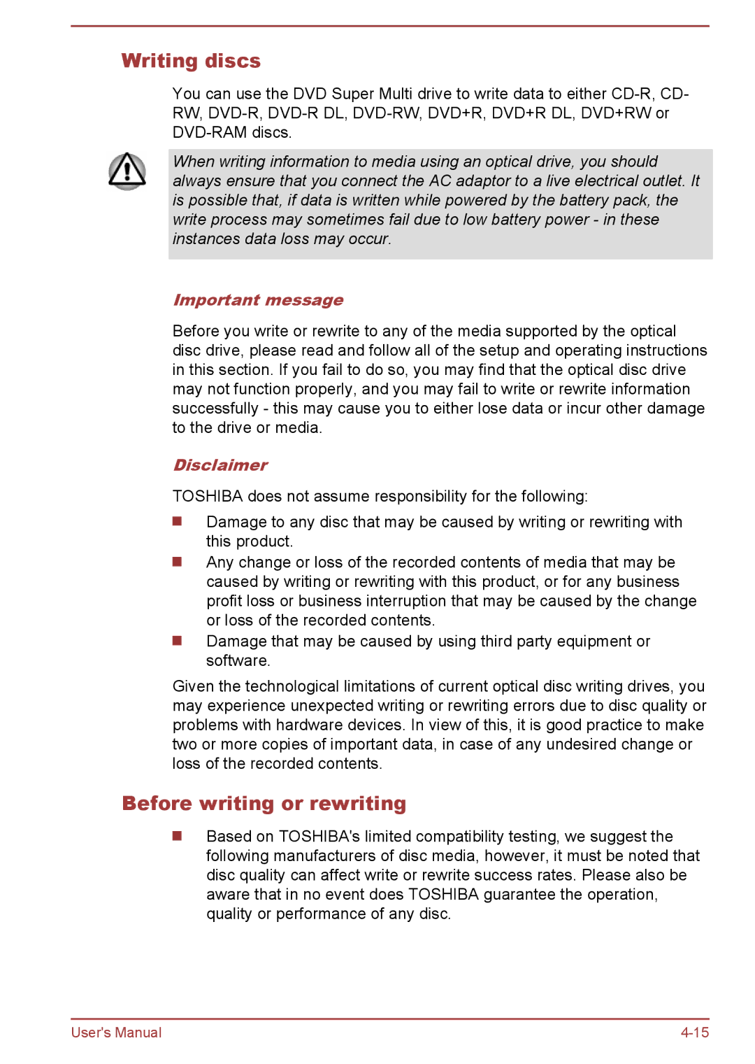 Toshiba A50-A manual Writing discs, Before writing or rewriting, Important message, Disclaimer 