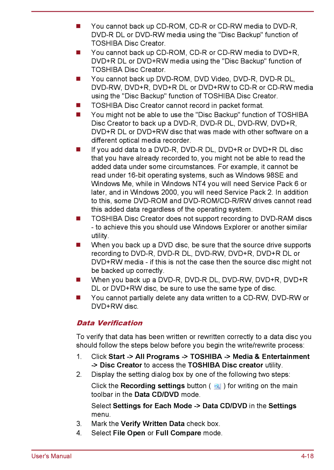 Toshiba A50-A manual Data Verification 