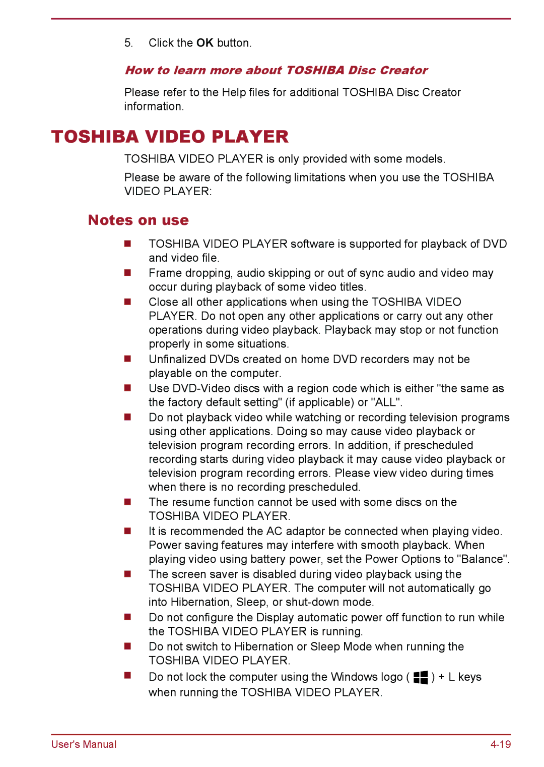 Toshiba A50-A manual Toshiba Video Player, How to learn more about Toshiba Disc Creator 