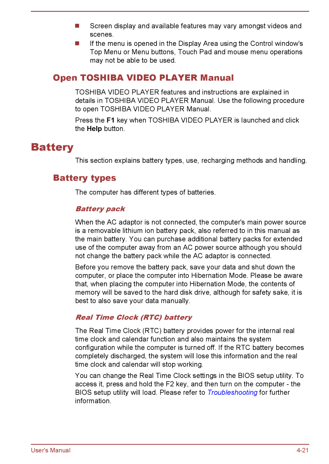 Toshiba A50-A manual Open Toshiba Video Player Manual, Battery types, Battery pack, Real Time Clock RTC battery 