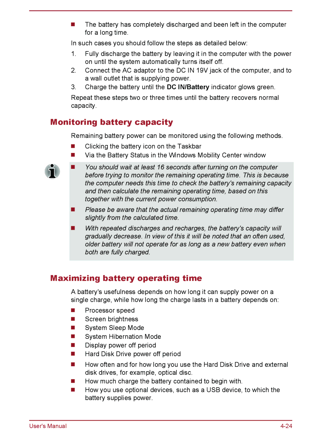 Toshiba A50-A manual Monitoring battery capacity, Maximizing battery operating time 