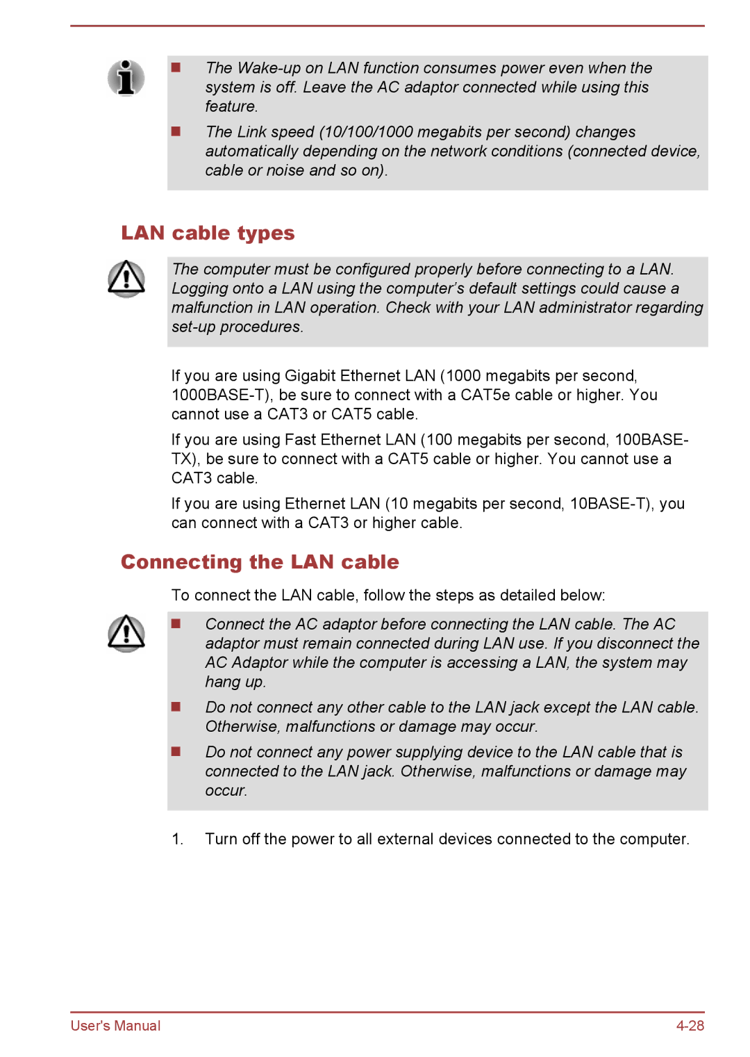 Toshiba A50-A manual LAN cable types, Connecting the LAN cable 