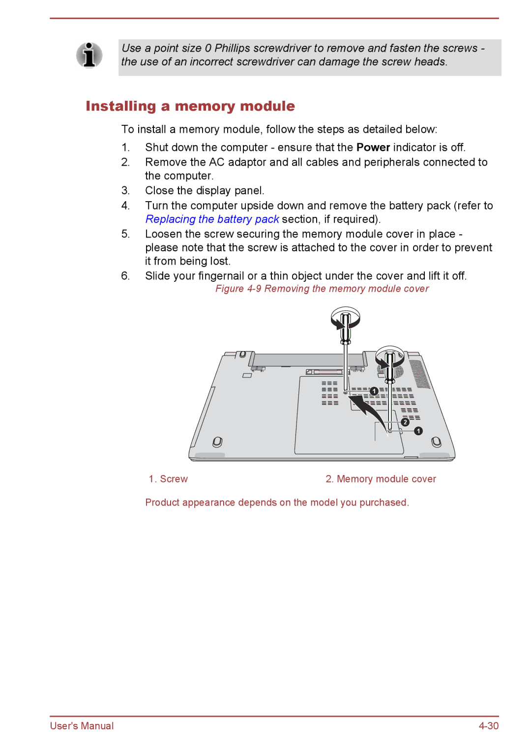 Toshiba A50-A manual Installing a memory module, Screw Memory module cover 