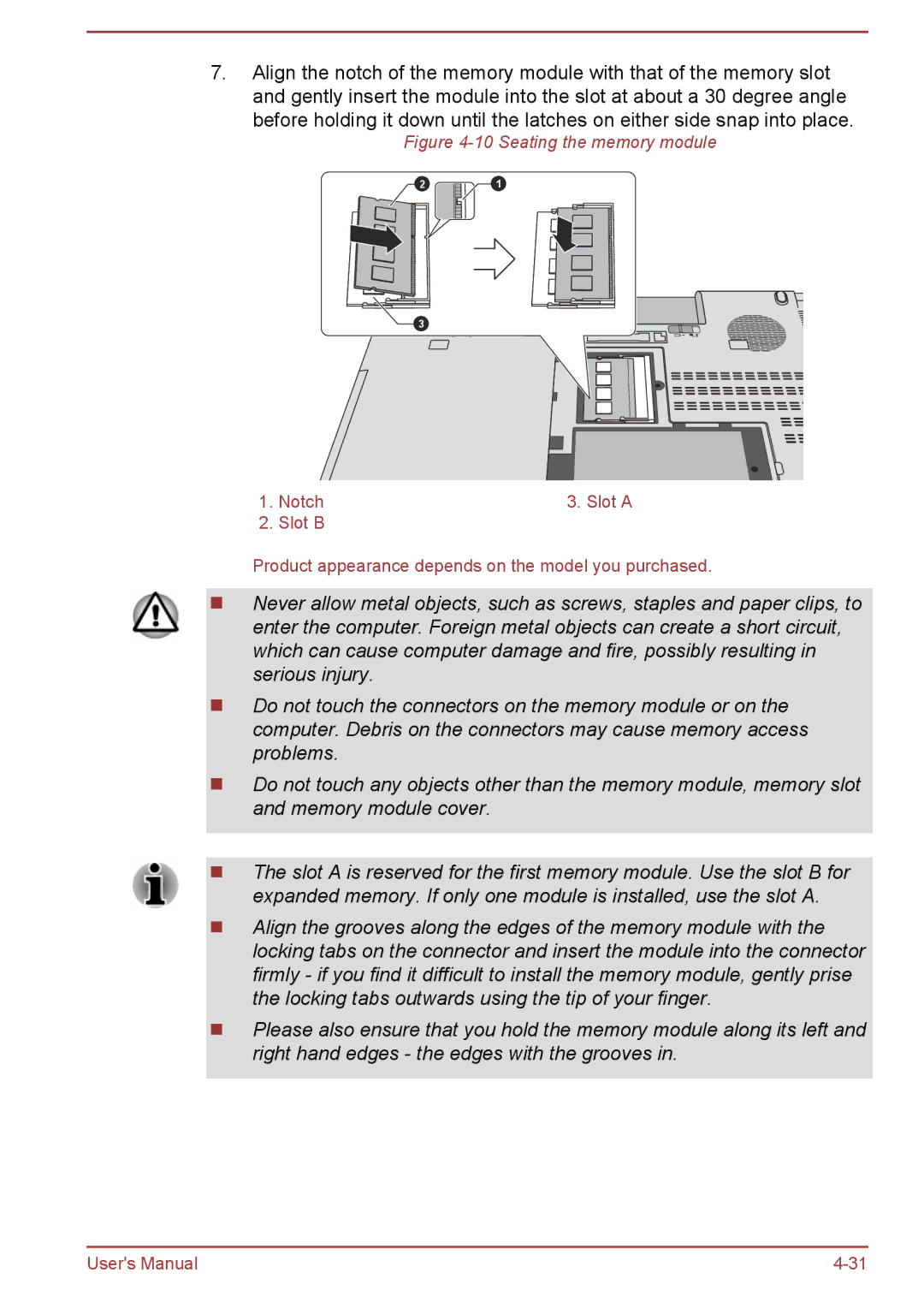 Toshiba A50-A manual Seating the memory module 