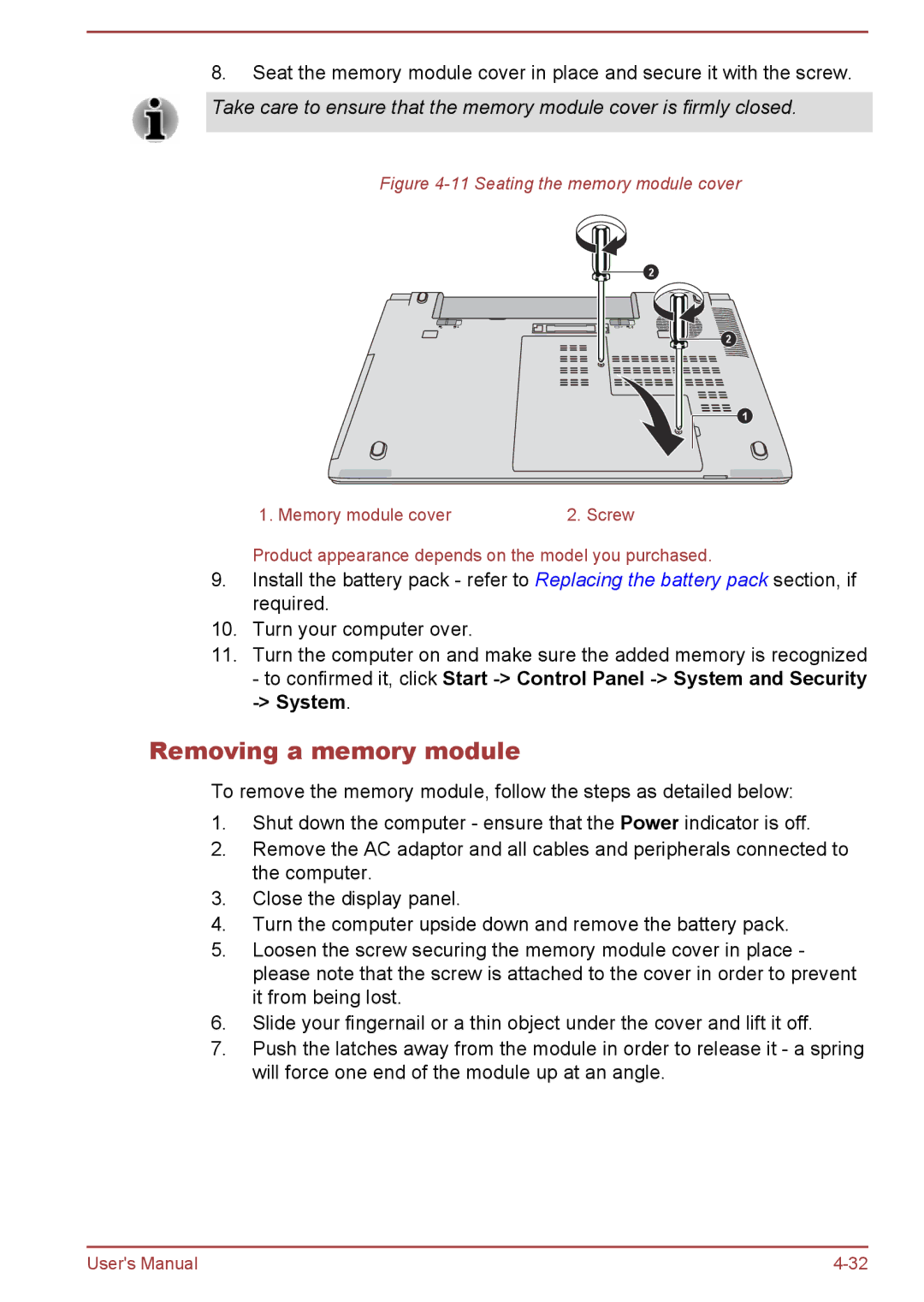 Toshiba A50-A manual Removing a memory module, Seating the memory module cover 