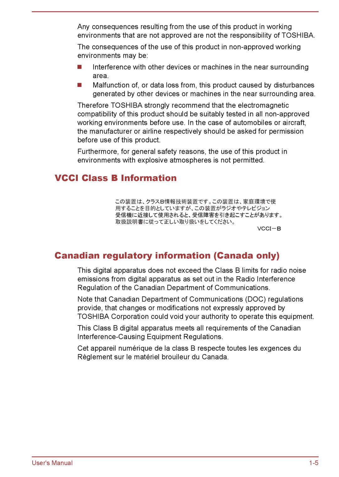 Toshiba A50-A manual Vcci Class B Information, Canadian regulatory information Canada only 