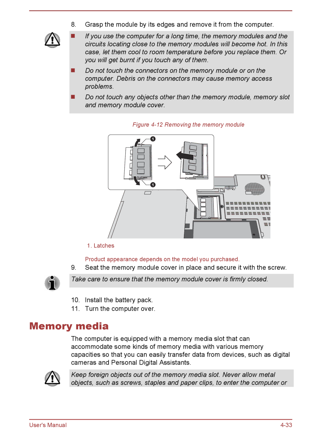 Toshiba A50-A manual Memory media, Removing the memory module 