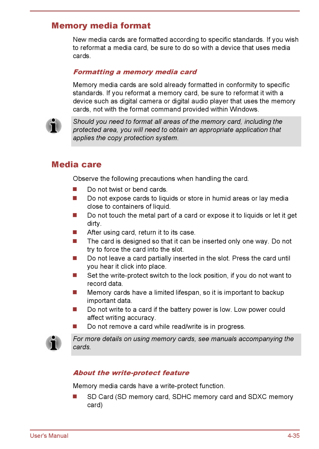 Toshiba A50-A manual Memory media format, Media care, Formatting a memory media card, About the write-protect feature 