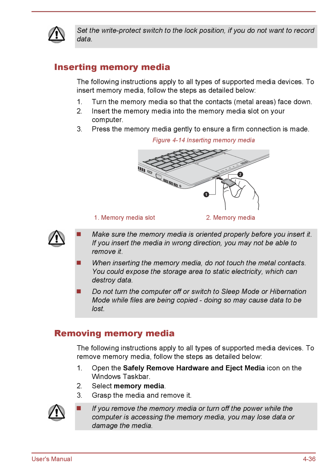 Toshiba A50-A manual Inserting memory media, Removing memory media 