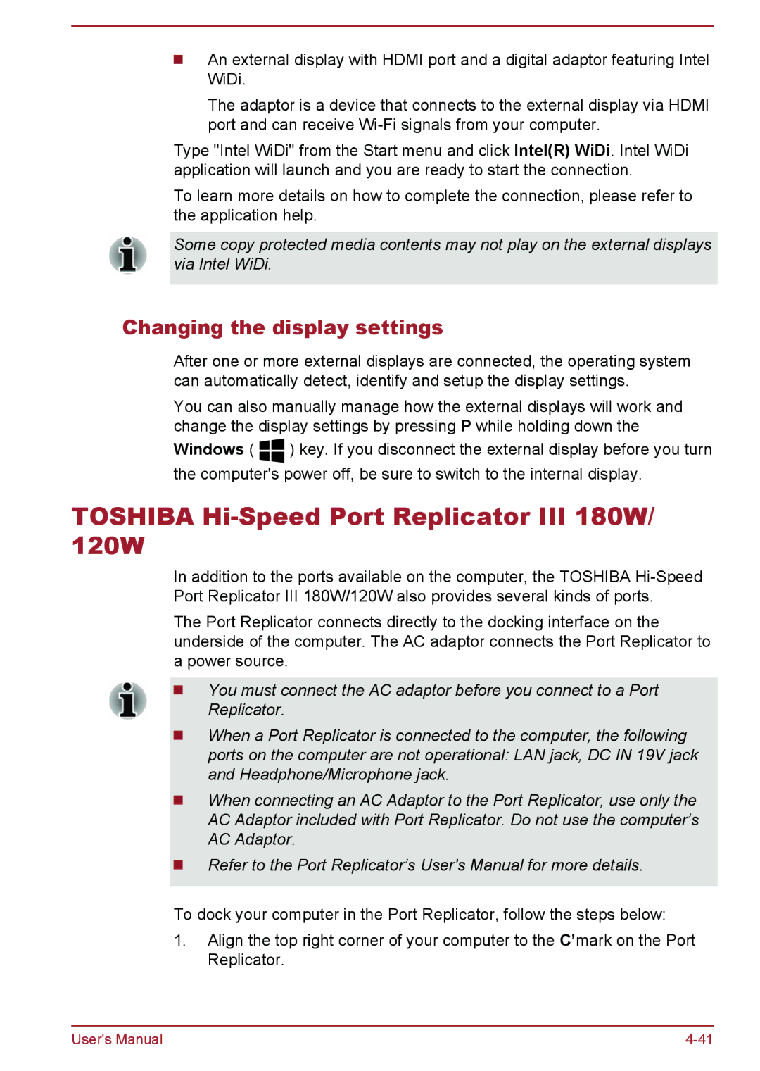 Toshiba A50-A manual Toshiba Hi-Speed Port Replicator III 180W/ 120W, Changing the display settings 