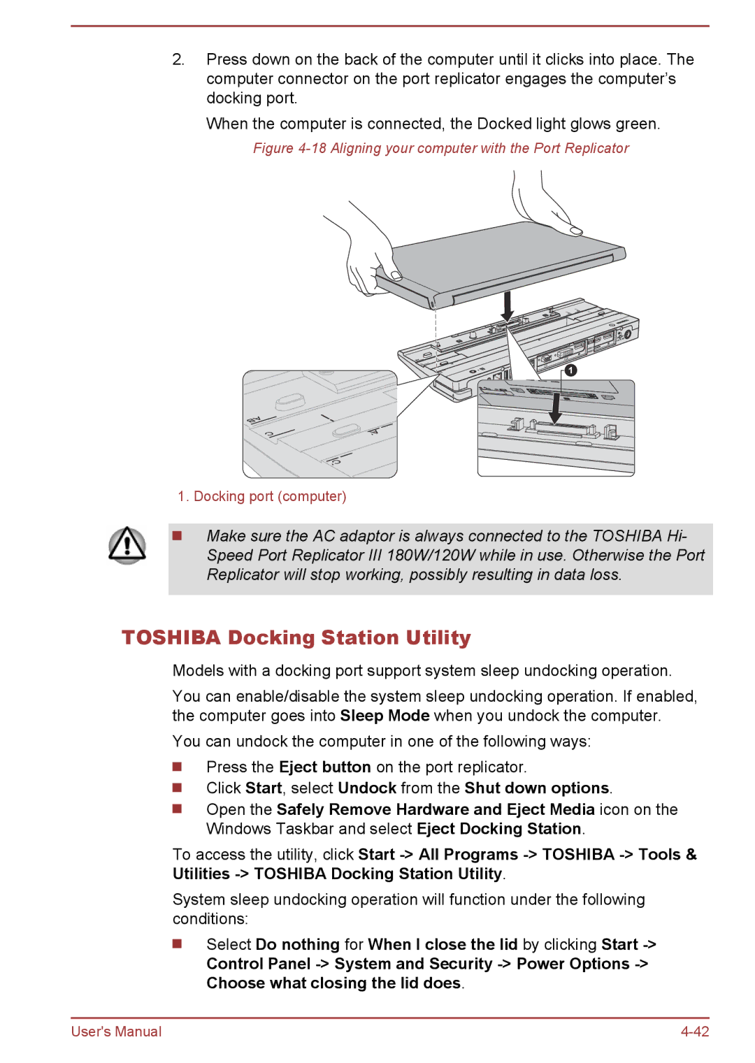 Toshiba A50-A manual Toshiba Docking Station Utility, Aligning your computer with the Port Replicator 