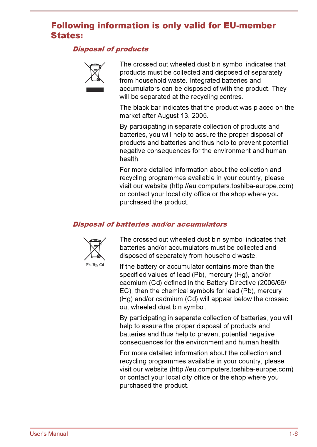 Toshiba A50-A manual Following information is only valid for EU-member States, Disposal of products 