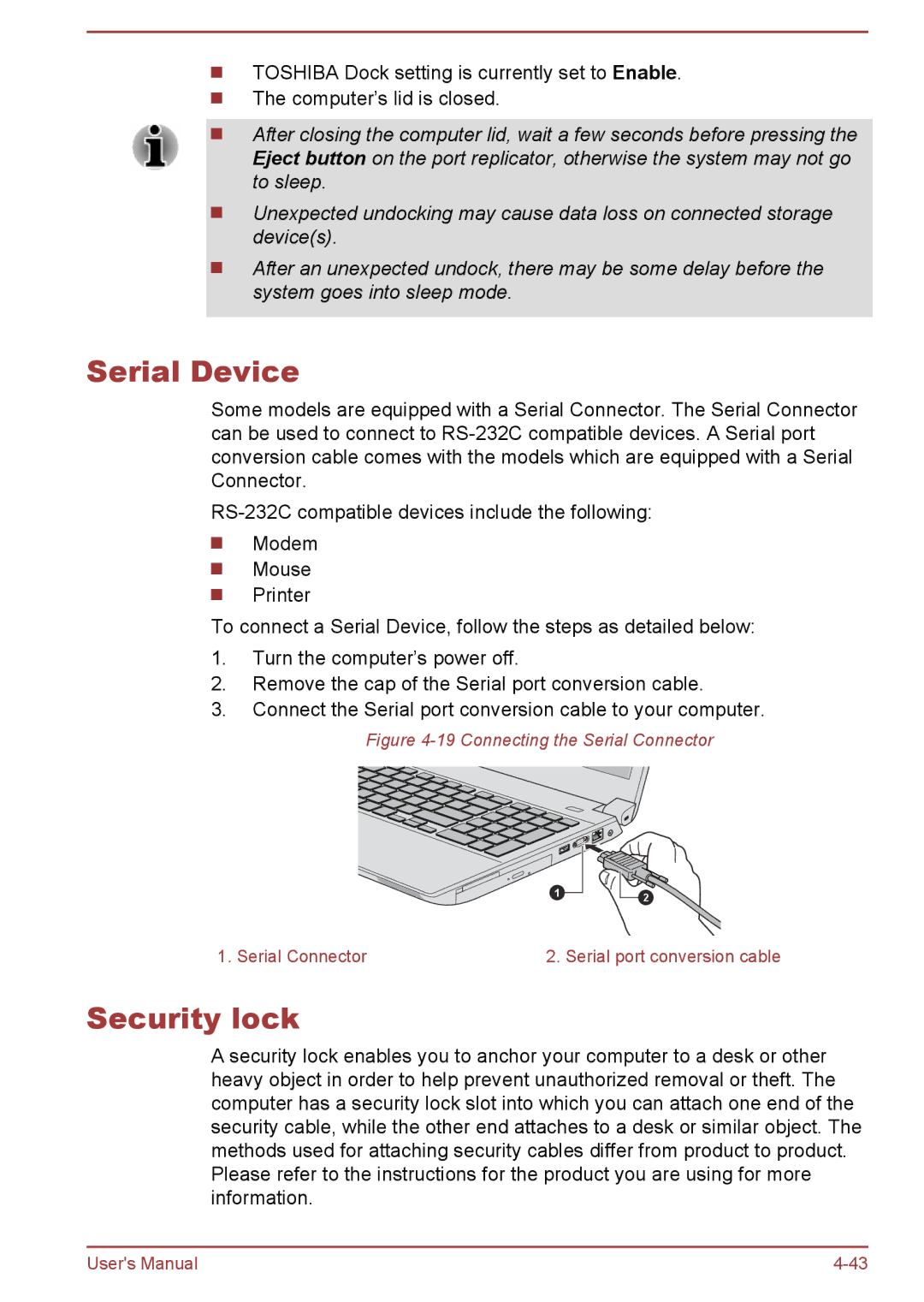 Toshiba A50-A manual Serial Device, Security lock 