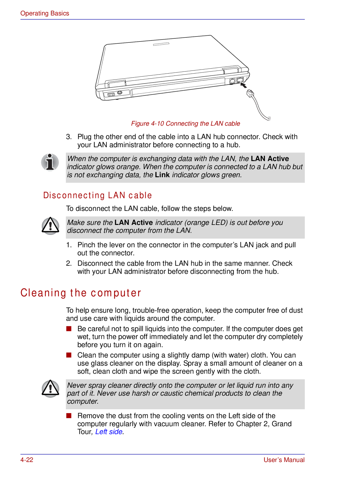 Toshiba A50 user manual Cleaning the computer, Disconnecting LAN cable 