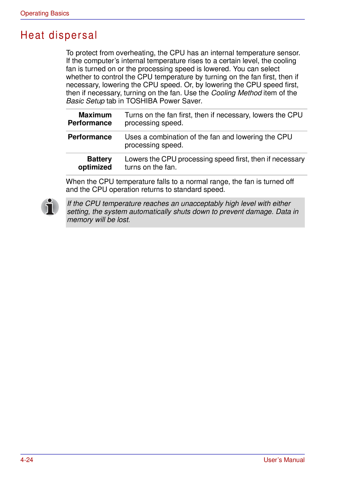 Toshiba A50 user manual Heat dispersal 