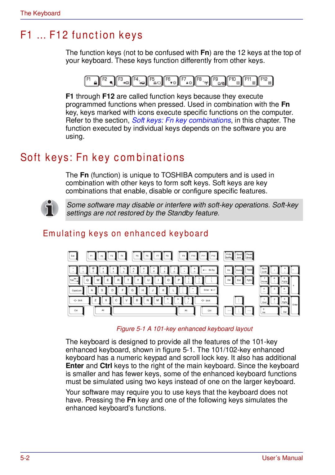 Toshiba A50 user manual F1 … F12 function keys, Soft keys Fn key combinations, Emulating keys on enhanced keyboard 