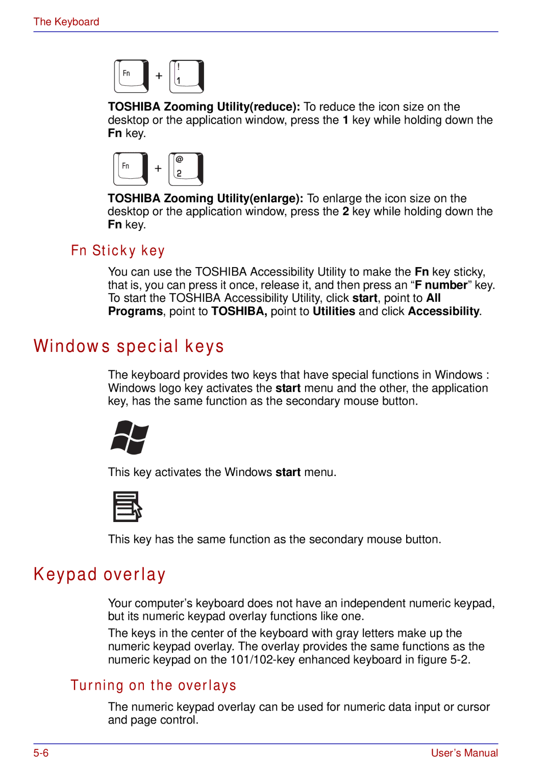 Toshiba A50 user manual Windows special keys, Keypad overlay, Fn Sticky key, Turning on the overlays 