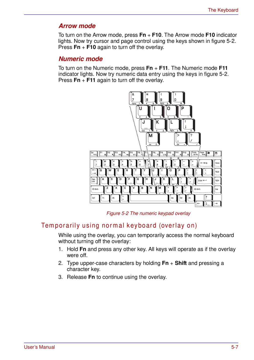 Toshiba A50 user manual Temporarily using normal keyboard overlay on, Arrow mode, Numeric mode 