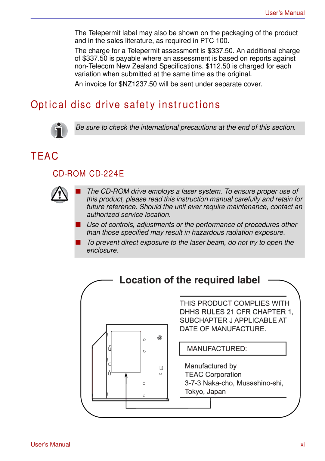 Toshiba A50 user manual Optical disc drive safety instructions, Teac 