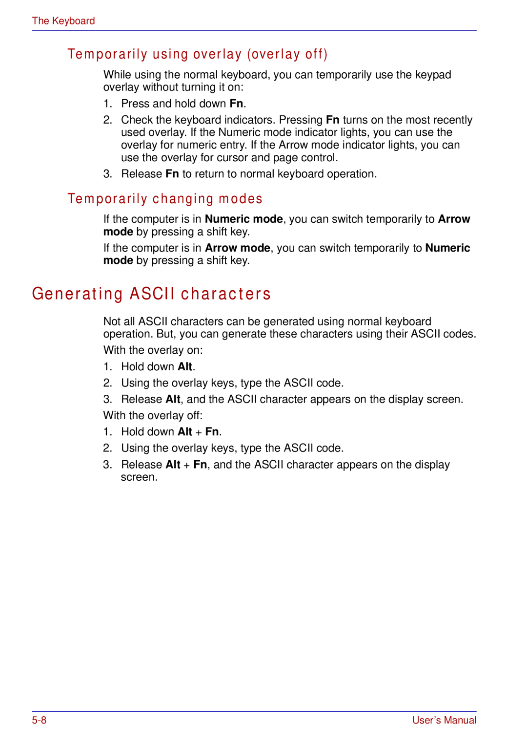 Toshiba A50 user manual Generating Ascii characters, Temporarily using overlay overlay off, Temporarily changing modes 