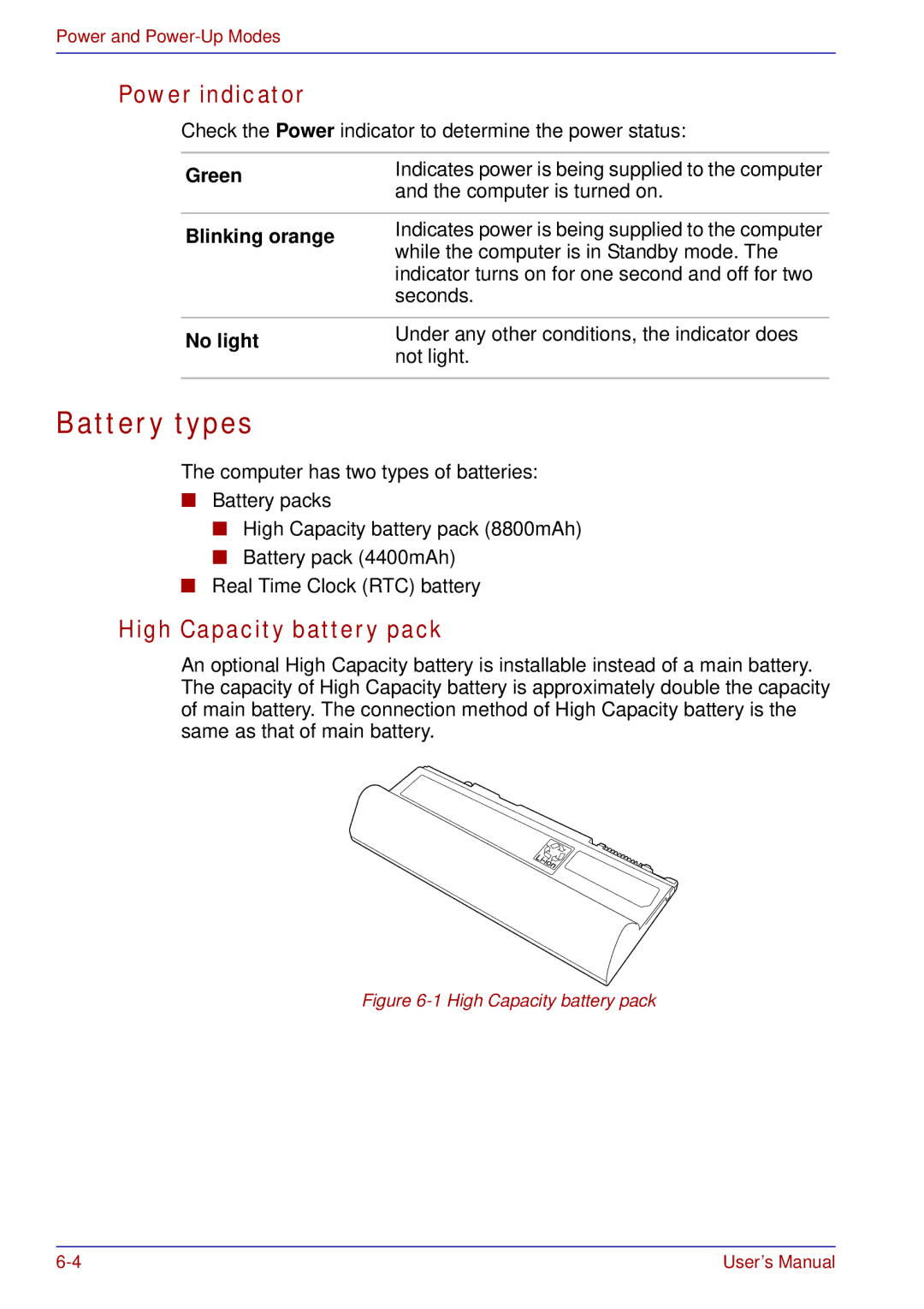 Toshiba A50 user manual Battery types, Power indicator, High Capacity battery pack, Blinking orange 