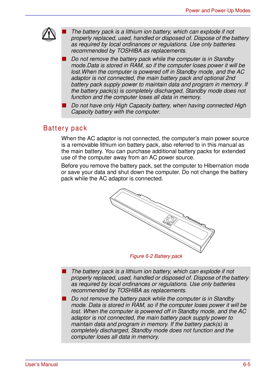 Toshiba A50 user manual Battery pack 