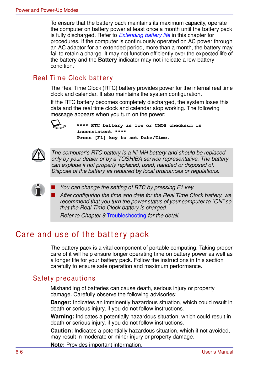 Toshiba A50 user manual Care and use of the battery pack, Real Time Clock battery, Safety precautions 