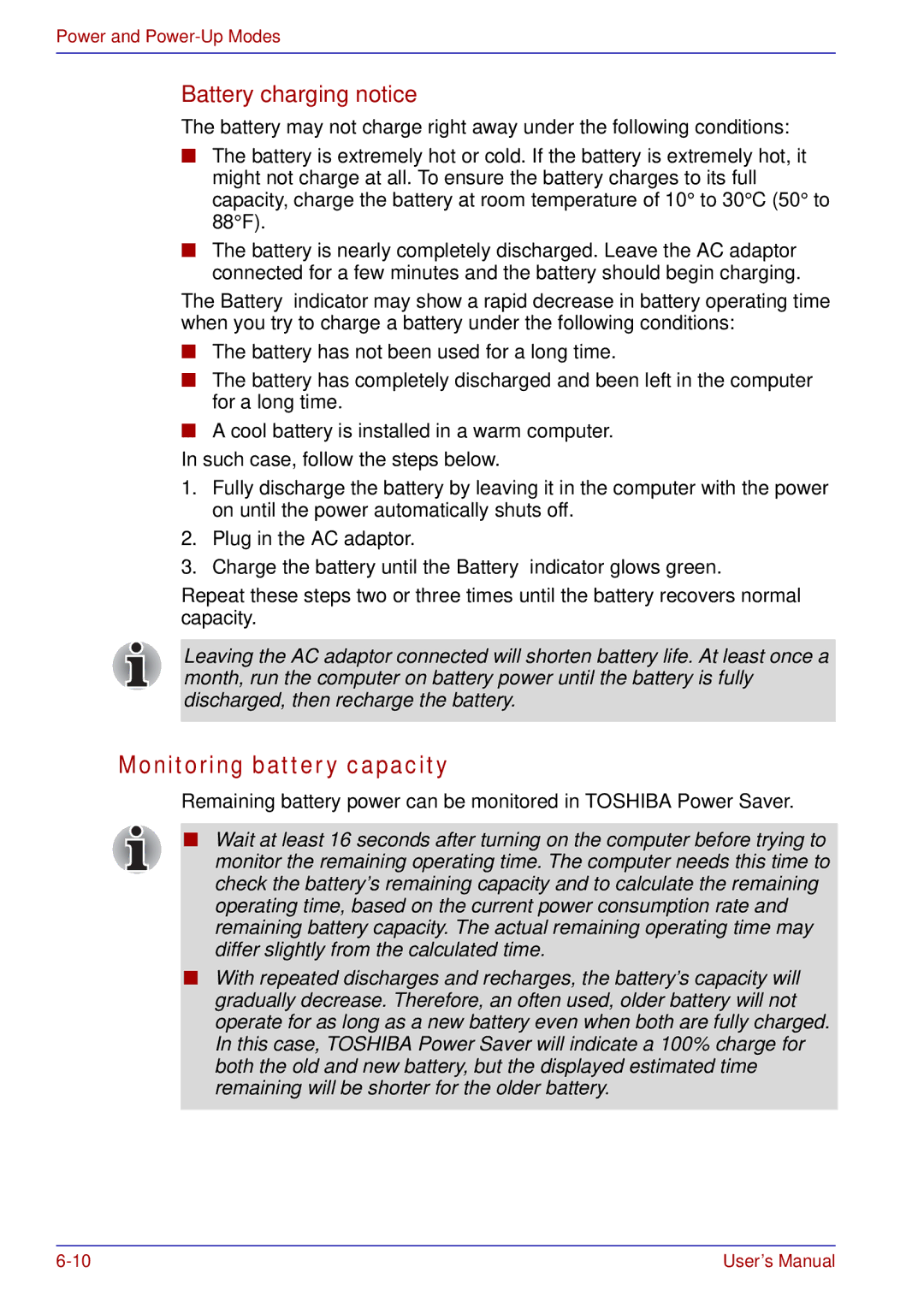 Toshiba A50 user manual Monitoring battery capacity, Battery charging notice 